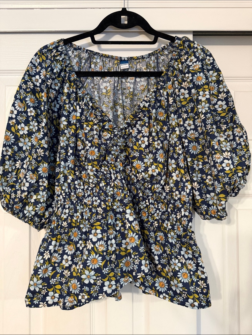 Old Navy Navy Floral Peasant Blouse with White, Yellow & Blue Flowers